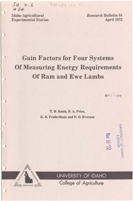 10 p., Idaho Agricultural Experiment Station, Research Bulletin 84, May 1972
