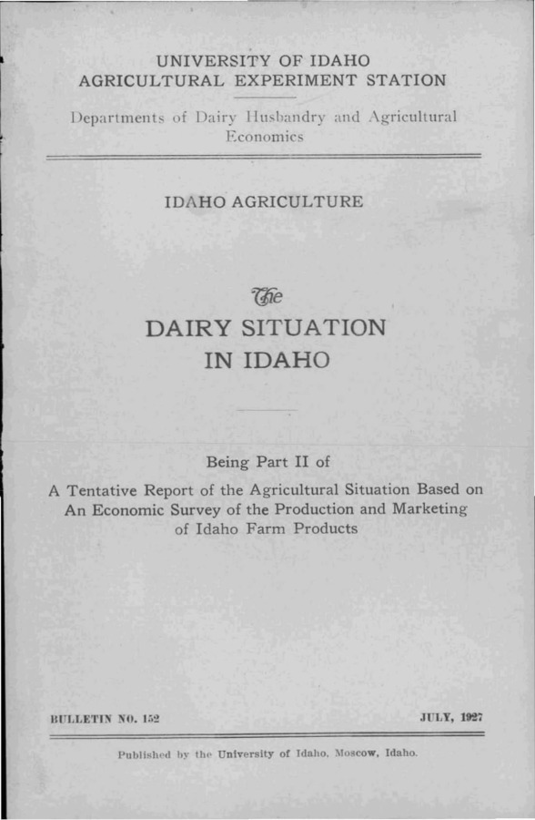 Idaho Agricultural Experiment Station,  Bulletin No. 152, 1927
