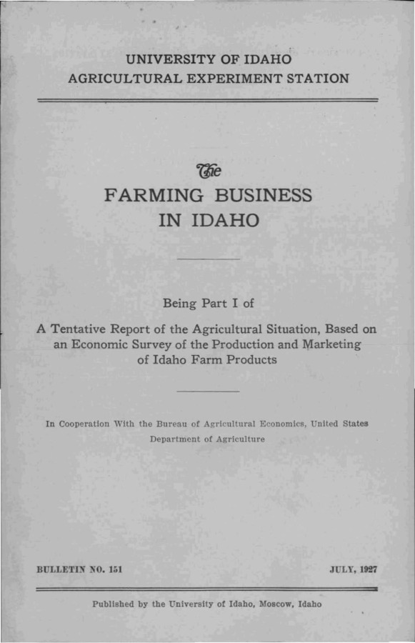 Idaho Agricultural Experiment Station,  Bulletin No. 151, 1927