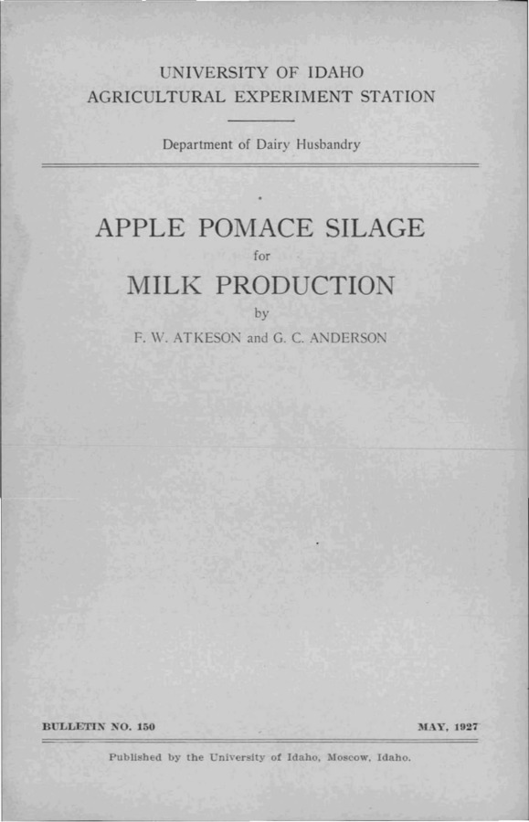 Idaho Agricultural Experiment Station,  Bulletin No. 150, 1927