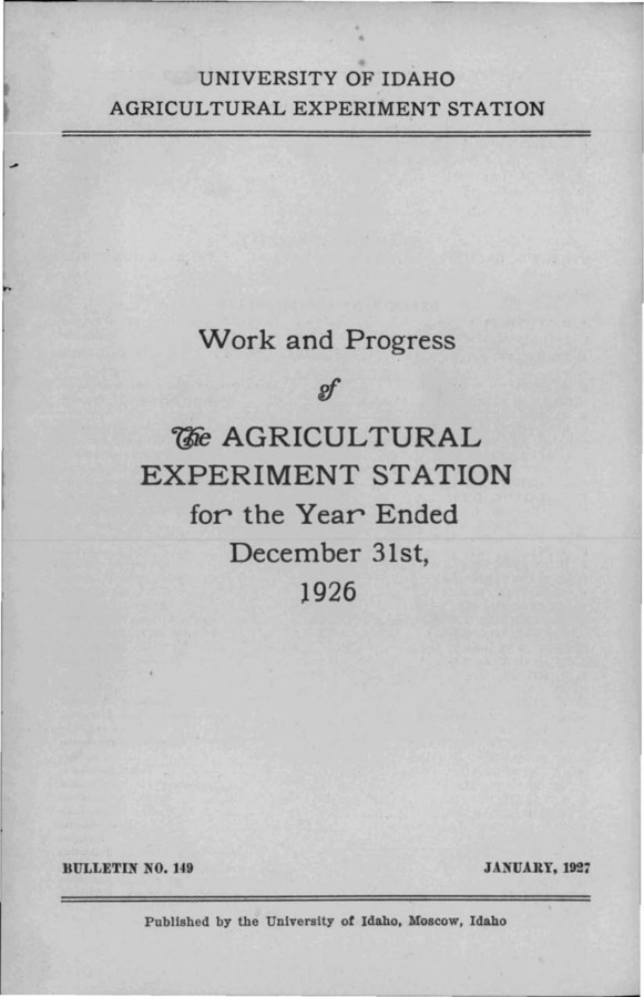 Idaho Agricultural Experiment Station,  Bulletin No. 149, 1927