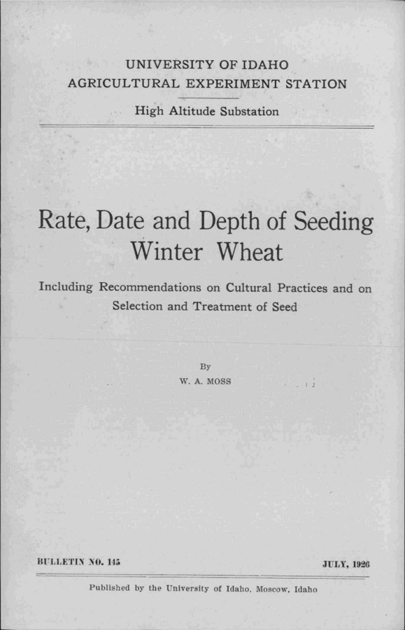 Idaho Agricultural Experiment Station,  Bulletin No. 145, 1926