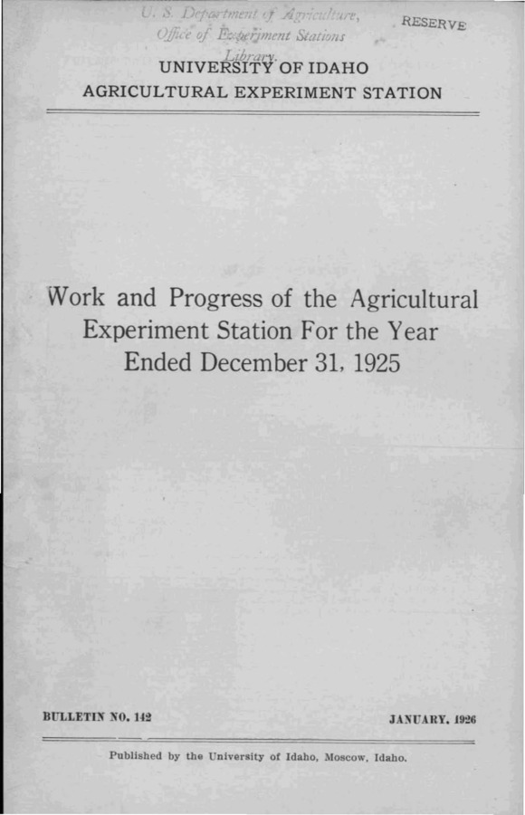 Idaho Agricultural Experiment Station,  Bulletin No. 142, 1926