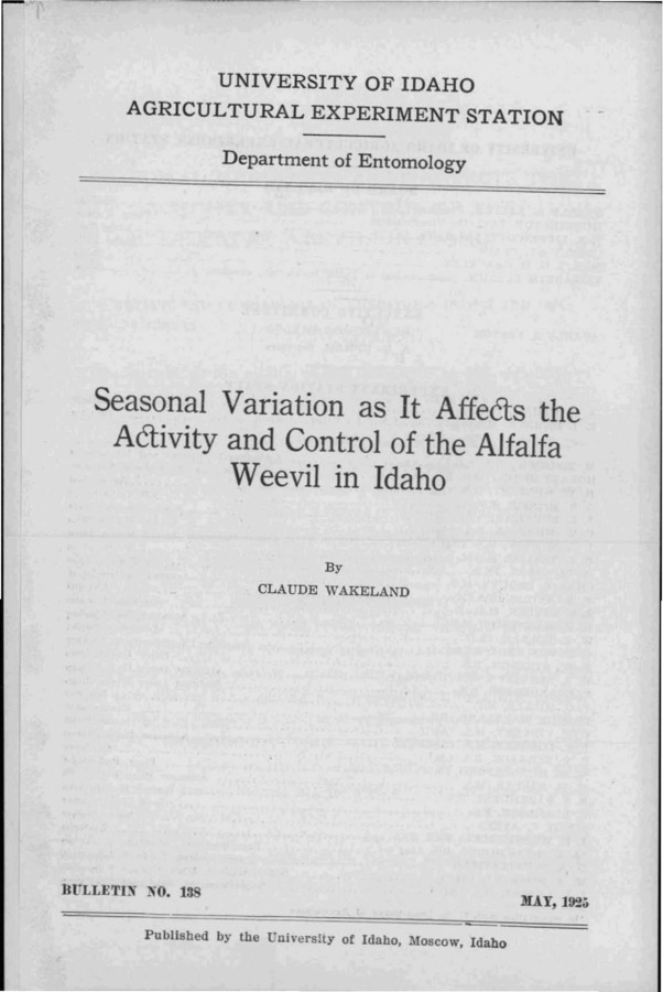 Idaho Agricultural Experiment Station,  Bulletin No. 138, 1925