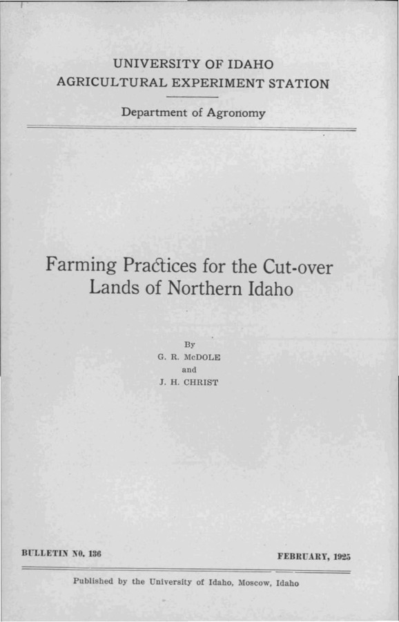 Idaho Agricultural Experiment Station,  Bulletin No. 136, 1925