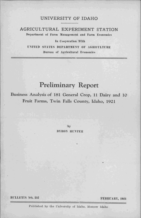 Idaho Agricultural Experiment Station,  Bulletin No. 132, 1923