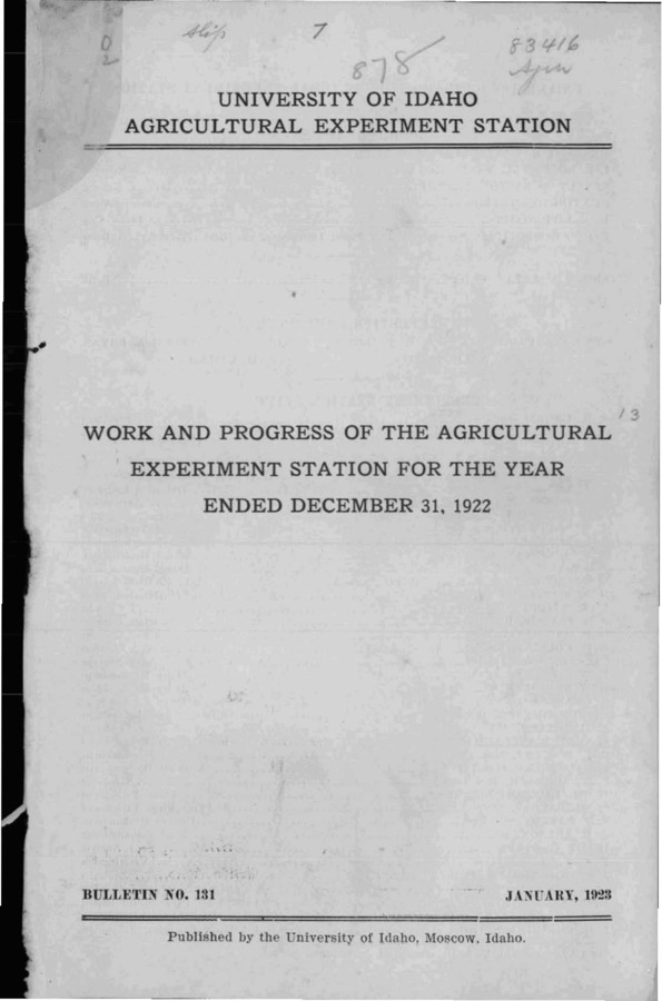 Idaho Agricultural Experiment Station,  Bulletin No. 131, 1923