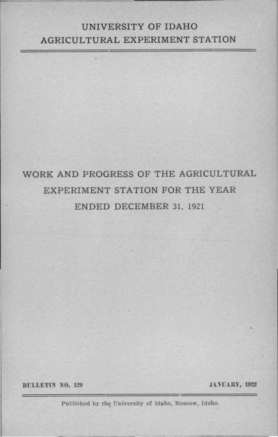 Idaho Agricultural Experiment Station,  Bulletin No. 129, 1922