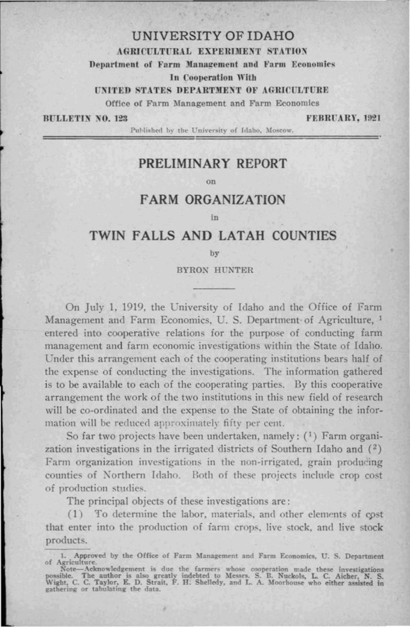 Idaho Agricultural Experiment Station,  Bulletin No. 123, 1921