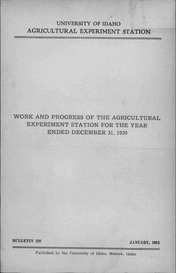 Idaho Agricultural Experiment Station,  Bulletin No. 122, 1921