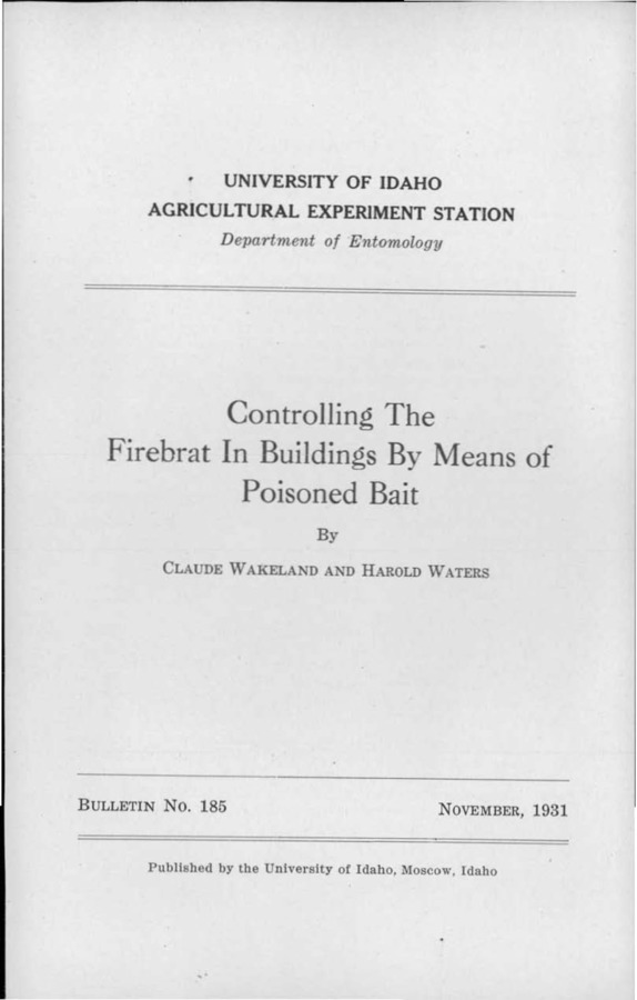 Idaho Agricultural Experiment Station,  Bulletin No. 185, 1931
