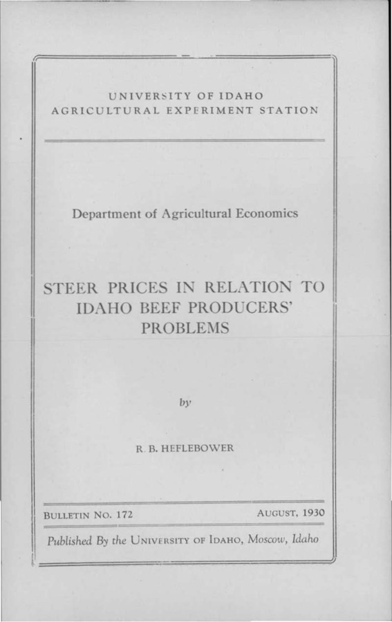 Idaho Agricultural Experiment Station,  Bulletin No. 172, 1930