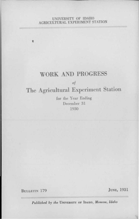 Idaho Agricultural Experiment Station,  Bulletin No. 179, 1931
