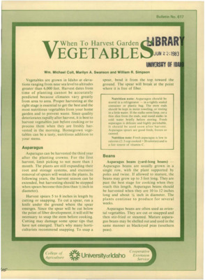 Older version of Bulletin no. 617 [Moscow, Idaho] :Cooperative Extension Service, University of Idaho, College of Agriculture,[1982]  Wm. Michael Colt, Marilyn A. Swanson and William R. Simpson.  7 p. ;28 cm.  Cover title.