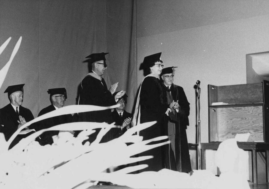 First Doctor of Education degree conferred at the University of Idaho has been awarded to Mrs. Florence Aller, Moscow, being congratulated by President D. R. Theophilus.