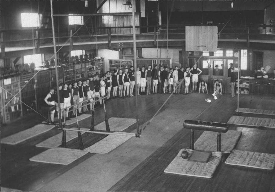 Interior view showing a track team practicing.