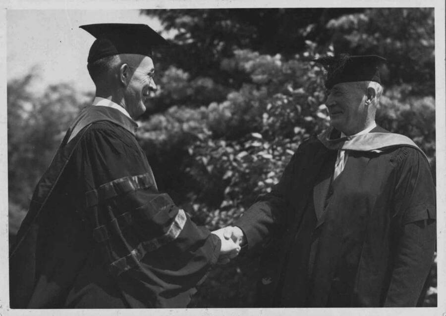 Dean Jeffers (Left) congratulating Richard H. Rutledge (right) after he received honorary degree.