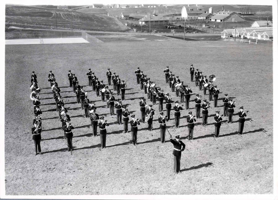 View of military marching band.