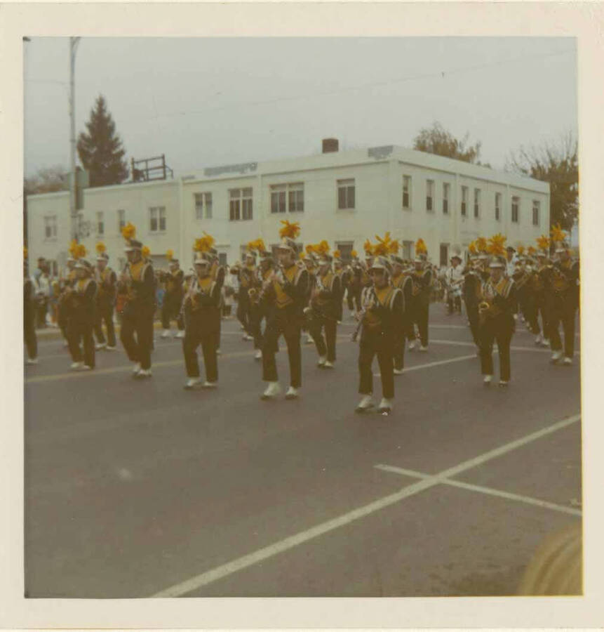 Marching band during Homecoming parade. Donor: Charles A Webber.