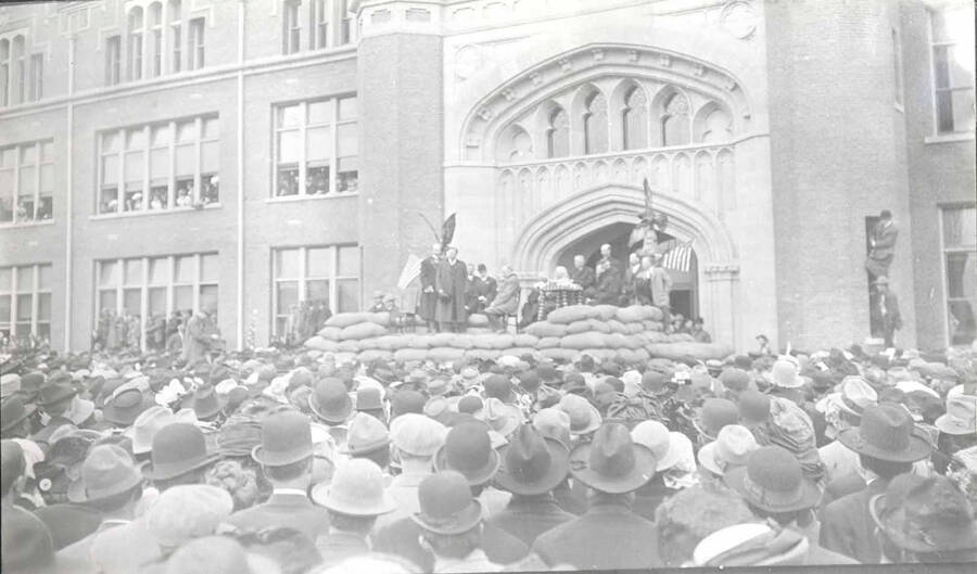 Theodore Roosevelt on platform in front of University of Idaho Administration Building.