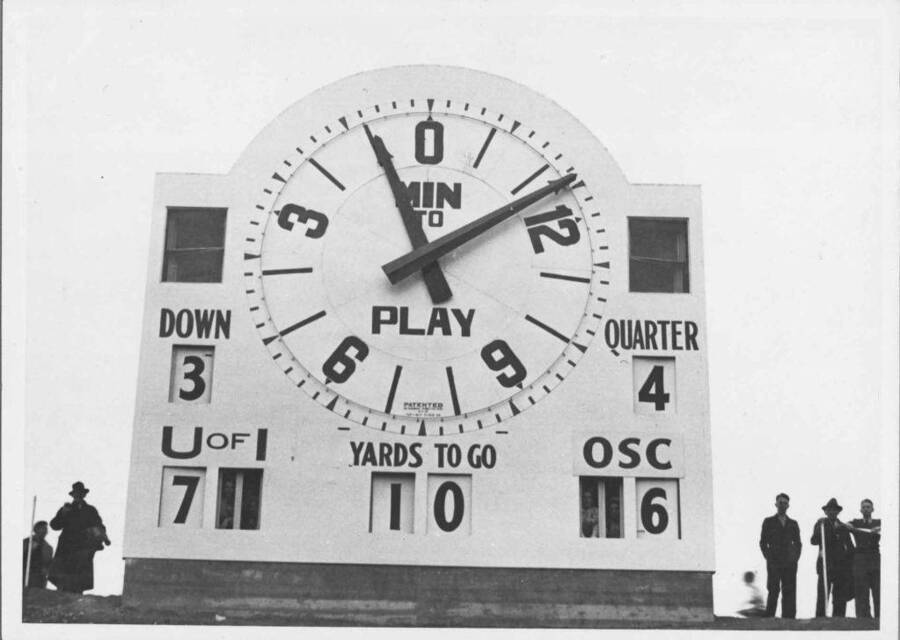 Scoreboard showing results of first game played at Neale Stadium.