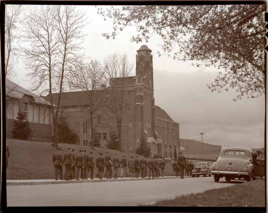 Cadets on walkway in front of Memorial Gymnasium.