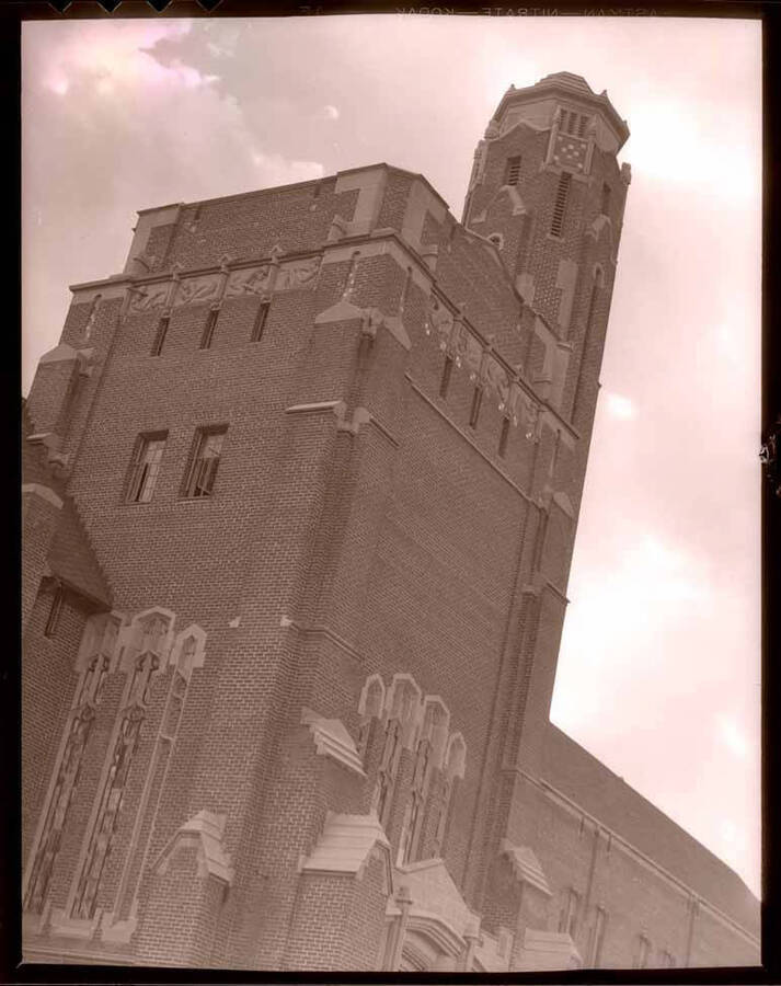 Tower of Memorial Gymnasium on the University of Idaho campus.