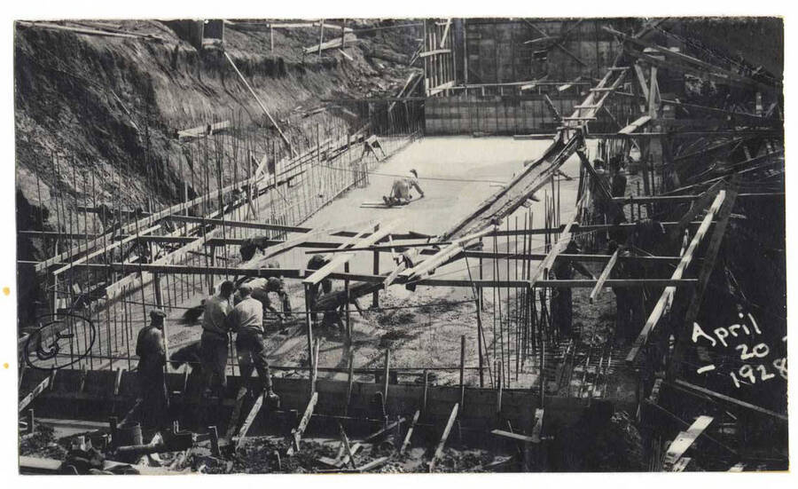 Construction of Memorial Gymnasium on the University of Idaho campus.