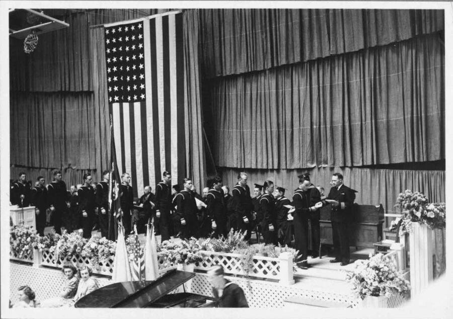 Commencement exercises for the Naval Training School (Radio), held in the Memorial Armory-Gymnasium.