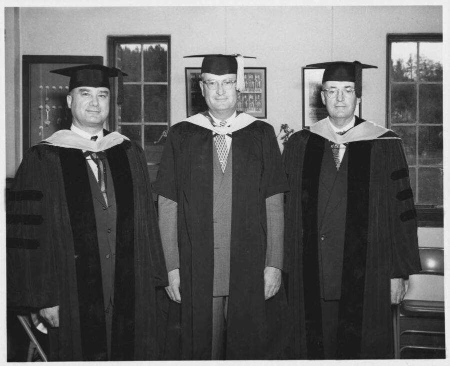 D. Roy Shoults, President J. E. Buchanan, and James B. Hays pose for picture during commencement.