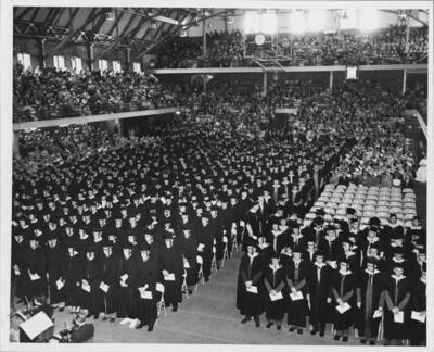 View of graduates marching in for commencement.