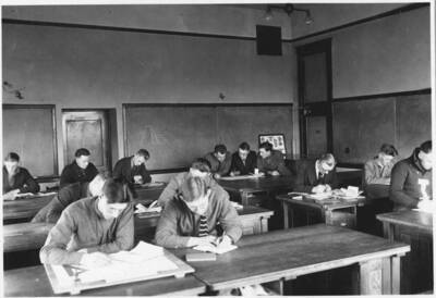 Students working in the Engineering Building drafting lab.