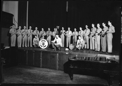 Band on stage performing a concert.