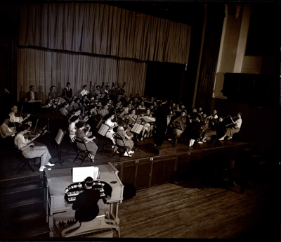 Images of the unversity's Orchestra, Pep Band, and Choir.