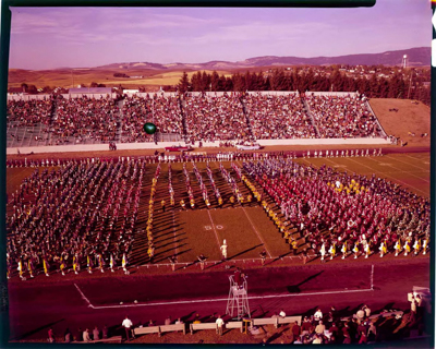 Marching band and cheerleaders performing at football game.