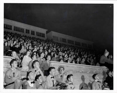 Pep Band sitting during Homecoming Rally.