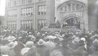 Theodore Roosevelt on platform in front of University of Idaho Administration Building.