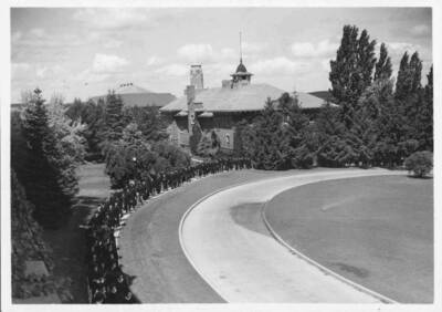 Academic procession near woman's gym.