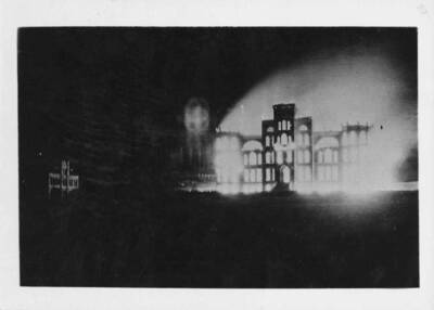 Fire destroying Administration Building.