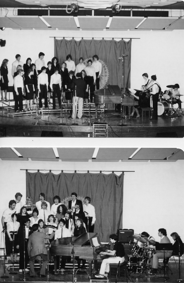 Two vertically conjoined performance photos of a choir accompanied by a pianist, drummer and electric bassist, being led by a conductor. A banner behind the singers reads "The University of Idaho".
