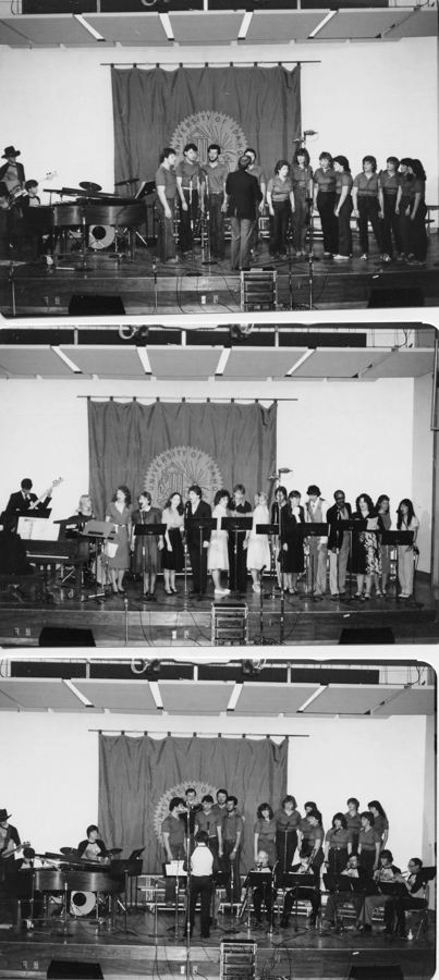 Three vertically conjoined performance photos of a choir accompanied by a pianist, drummer and electric bassist, being led by a conductor. A banner behind the singers reads "The University of Idaho".