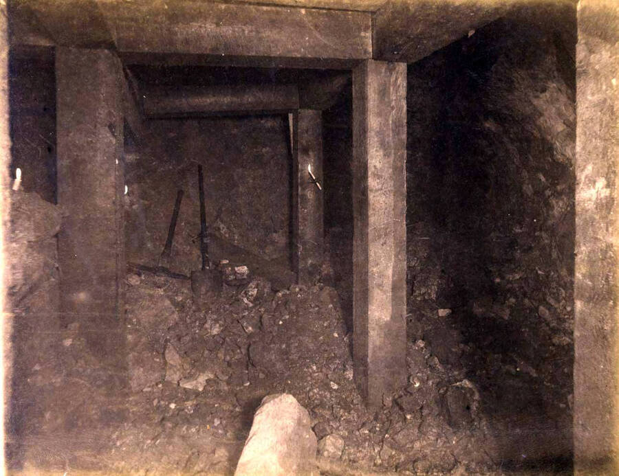 High ore 500 ft. level West Showing ore and timbers on foot wall