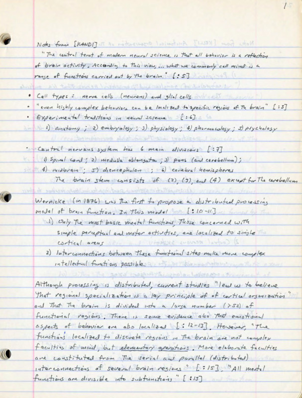 Lined notebook paper with handwritten notes in black ink about neural structures and brain functions.