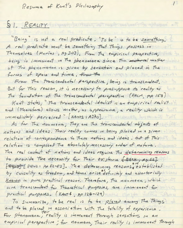 Lined notebook paper with handwritten notes in black ink about the epistemology of Immanuel Kant.