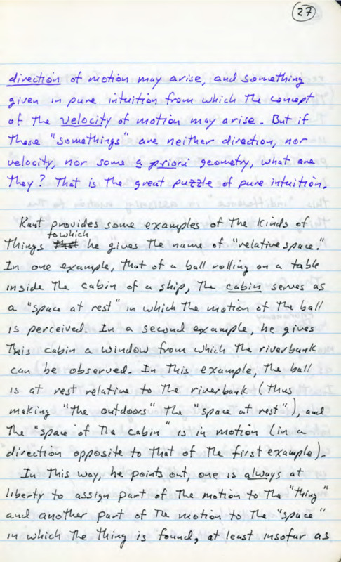 Lined notebook paper with handwritten notes in purple and black ink about Immanuel Kant's metaphysics.