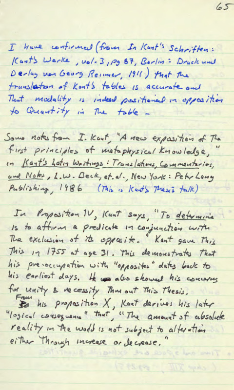 Lined notebook paper with handwritten notes in blue and black about Immanuel Kant's theories.