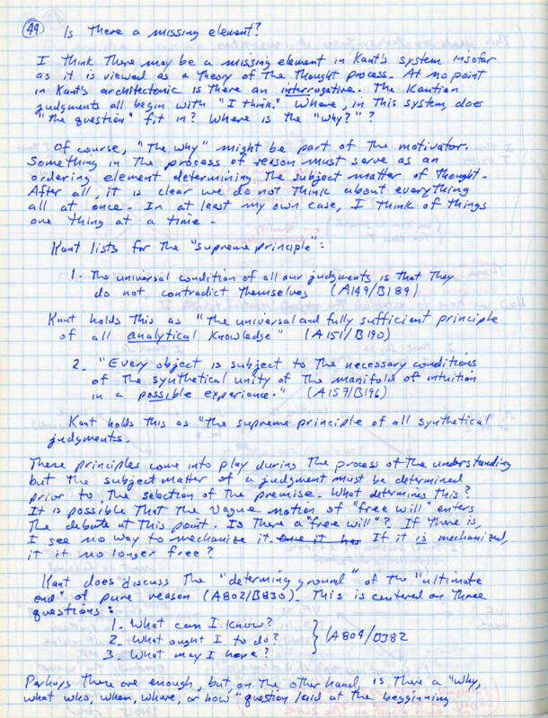 Graph notebook paper with handwritten notes in blue ink about Immanuel Kant's work on judgment and perception.