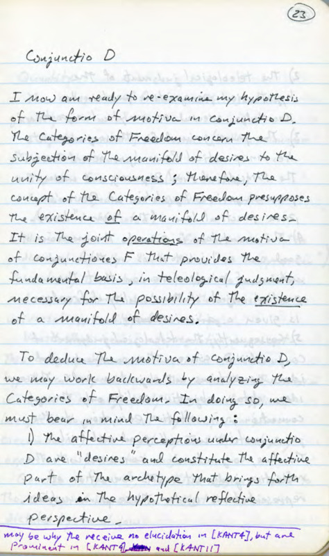 Lined notebook paper with handwritten notes in black and purple ink about philosophy and reason.
