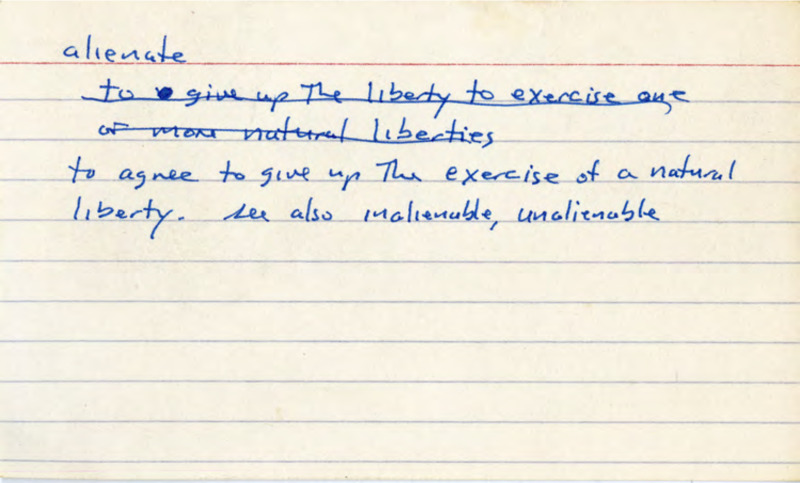 Lined index card with handwritten word definitions in blue ink.