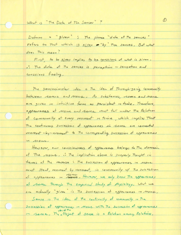 Lined notebook paper with handwritten notes in black ink about sensorimotor ideas.